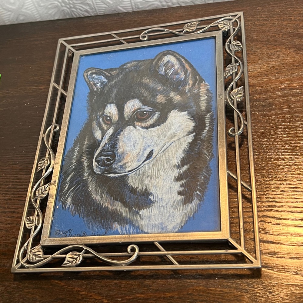 Vintage 2007 Wolf Portrait Original Art Signed Silver Leaf Vine Metal Frame 6x8